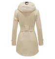 Women's elegant cream hooded wool coat featuring plaid accent detail and waist belt - S / Tops / Off White