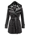 Elegant grey women's mid-length wool coat with plaid hood and double-breasted buttons. - Dark Gray
