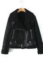 Giacca da moto nera in finta pelle scamosciata da donna con colletto in shearling - Nero