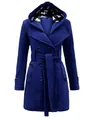 Elegant blue women's hooded wool coat with plaid lining and double-breasted belt - Sapphire Blue