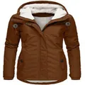 Women's warm brown hooded winter parka jacket with thick white fleece lining, mid-length - 3XL / Top (With Buckle) / Tan