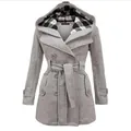 Women's gray mid-length wool coat with plaid hooded lining and double-breasted belt - Light Gray