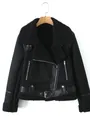Schwarze Bikerjacke aus Wildlederimitat für Damen mit warmem Futter und Gürtel im Vintage-Stil - XS / Oberteile / Schwarz