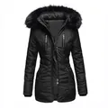 Détail d'une parka d'hiver noire pour femme avec empiècements en cuir PU et capuche en fourrure - S / Hauts / Noir