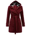 Elegant burgundy hooded wool trench coat for women featuring plaid lining and double-breasted buttons - Burgundy