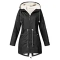 Front view of black waterproof hooded jacket with warm fleece lining and drawstring waist - S / Tops / Black