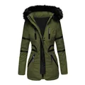 Vue détaillée de la parka d'hiver vert olive pour femme avec bordure en fausse fourrure - S / Hauts / Vert Militaire
