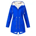 Detail view of blue waterproof fleece-lined jacket with adjustable hood and waist. - S / Tops / Blue