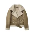 Vintage Khaki Wildleder-Lammfelljacke mit warmem Wollfutter für Damen im Biker-Stil - XS / Oberteile / Dunkelkhaki
