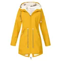 Women's yellow waterproof hooded jacket with warm fleece lining and adjustable drawstring waist detail - S / Tops / Yellow