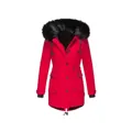 Red women's thick winter parka with black faux fur hood and button details - S / Tops / Red