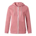 Women's solid pink zip-up hoodie with drawstring hood and front pockets, long sleeve style - S / Tops / Pink