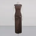 Detail view of the brown sleeveless pleated dress with a golden metal buckle accent. - S / Dresses / Dark Coffee