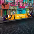 Halloween party banner with orange and black balloons on colorful street background - Banner (X2-21) / Halloween Style
