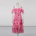Elegant pink floral vacation dress detail featuring ruffle off-shoulder design and straps - S / Dresses / Rose Red
