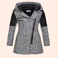 Cappotto di lana con cappuccio da donna con cerniera diagonale e maniche trapuntate - 3XL / Top / Grigio chiaro