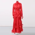 Elegant red retro court style ruffled maxi dress with bow-tie neck on mannequin - Red