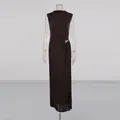 Elegant dark brown sleeveless maxi dress with a gold metal buckle and side slit detail - S / Dresses / Brown