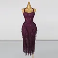 Robe longue en dentelle violette avec col licou et ourlet irrégulier à volants - M / Robes / Violet