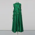 Elegant green sleeveless maxi dress featuring intricate floral appliqués and high collar - S / Bottoms / Green