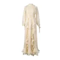 Elegant vintage court style cream maxi dress with ruffled front and tied sleeves. - Apricot