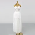 Elegant white lace boned corset top and sheer pleated maxi skirt two-piece set for women - S / Top And Bottom / White