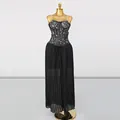 Detail view of lace corset top and black pleated sheer long skirt on gold mannequin - XL / Top And Bottom / Black
