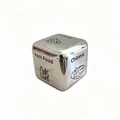 Detailed close-up view of a metallic stainless steel food decision dice with icons - Food Decision Dice (2.6cm)