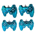 Detailed view of four metallic blue game controller Christmas tree ornaments. - Game Controller Pendant (3124) / Blue