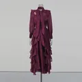 Elegant maroon chiffon ruffled dress with neck tie and gold butterfly metal decoration. - S / Dresses / Purple