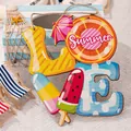 Detail of summer theme LOVE wooden hanging sign with watermelon and popsicle designs. - Summer LOVE Hanging Ornament