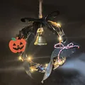 Détail d'une couronne d'Halloween en rotin avec LED, citrouille et chauve-souris. - Style LED Citrouille Chauve-souris Cloche (Style E)