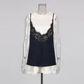 Elegant navy sleeveless mini dress featuring black lace and white contrast panels - S / Dresses / Navy Blue