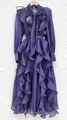 Elegant purple chiffon maxi dress featuring cascading flounce ruffles and a neck tie bow - S / Dresses / Blue