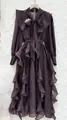 Elegant dark purple chiffon ruffled midi dress featuring a bow tie neck and gold brooch - S / Dresses / Coffee