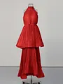 Robe longue plissée sans manches rouge élégante avec lien à la taille et col montant - S / Robes / Rouge