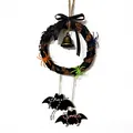 Detail of Halloween rattan wreath with colorful spiders, bell, and bat pendants. - Colored Spiders Bow Style (Style A) / Diameter 12cm