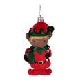 Detail shot of a festive red and green Christmas elf hanging ornament with gift. - Red Elf