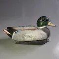 Detailed side view of a realistic plastic mallard duck decoy for garden pond decor - Large Male Duck
