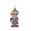 Detailed view of a hand-painted Christmas elf ornament holding a gift and candy cane. - Purple Elf