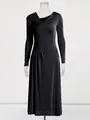 Elegante abito lungo nero in maglia minimalista francese con scollo asimmetrico - Taglia S / Vestiti / Nero