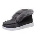 Detail view of grey suede winter boots with thick faux fur lining and white sole - Gray