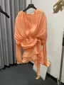 Sexy apricot long sleeve draped mini dress with waist tie and elegant streamer details - S / Dresses / Light Orange