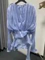 Light blue long sleeve pleated dress with waist tie and pearl cuff detail - Light Blue