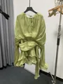 Elegant sage green long sleeve mini dress with layered ruffles and tie-waist design - Light Green
