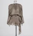 Elegant champagne pleated long-sleeve mini dress with waist tie and streamer details. - Chestnut