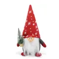 Close-up detail of a plush Christmas gnome figurine holding a small green pine tree. - 13x10x30cm / Red
