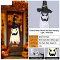 Detailed specs for Halloween LED ghost hanging light with wizard hat and battery info - Small Wizard Hat Ghost (Warm White) / S