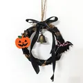 Handmade Halloween rattan wreath featuring an orange pumpkin, black bat and a vintage bell - Pumpkin Bat Bell Style (Style C) / Diameter 12cm