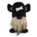 Close-up of cute dog-themed gnome doll with long fur beard and bone hat detail - Black Dog Gnome (BH249208) / 14x11x16cm
